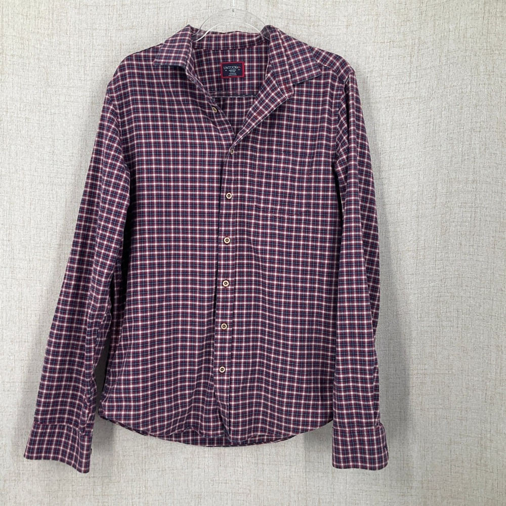 UNTUCKit Button Down Shirt Mens Medium Tall Slim Burgundy Cotton Plaid Flannel